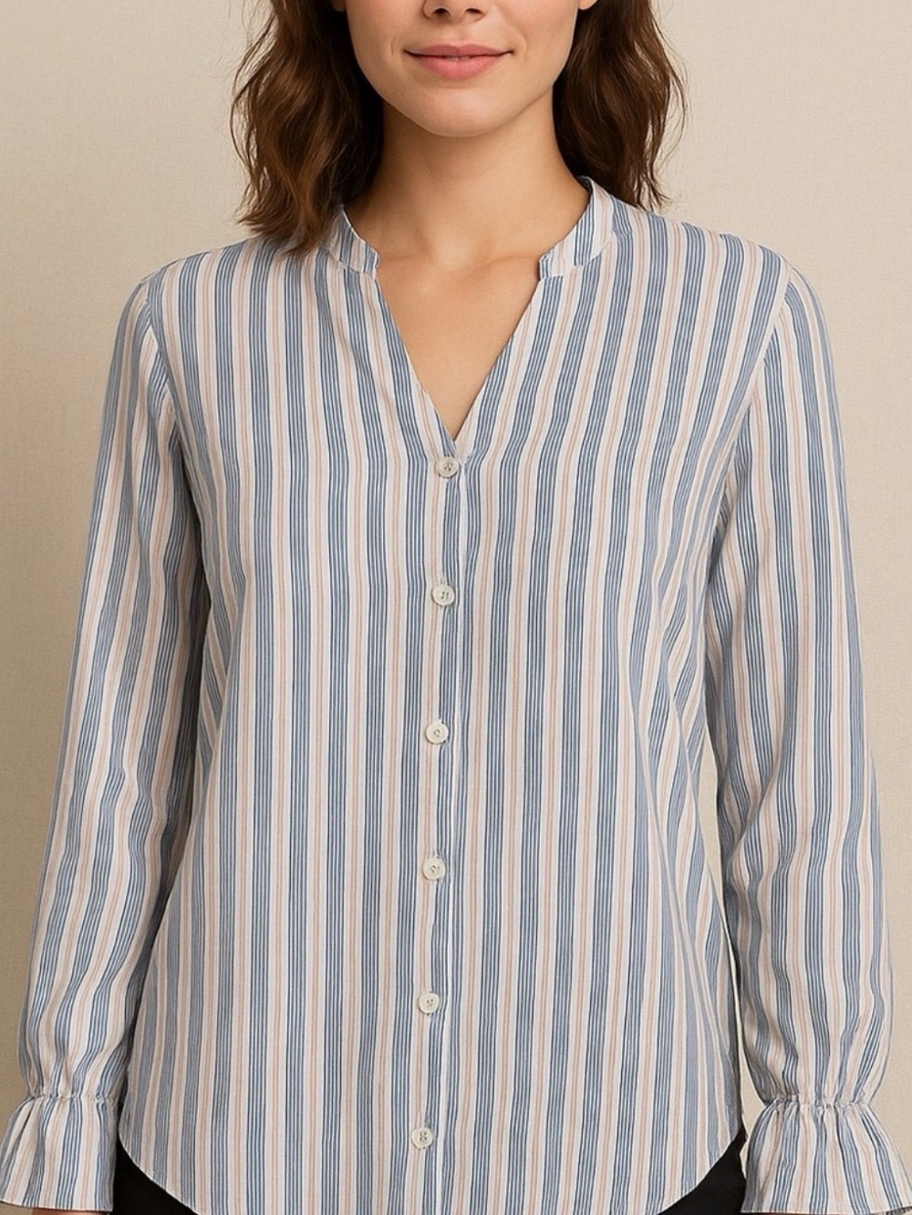 T Tahari Blue and White Vertical-Stripe Band-Collar Shirt